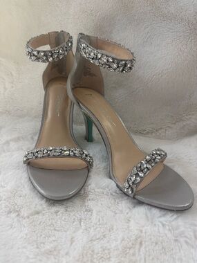 Betsey Johnson Angie Silver Jeweled Ankle-Strap Heels
